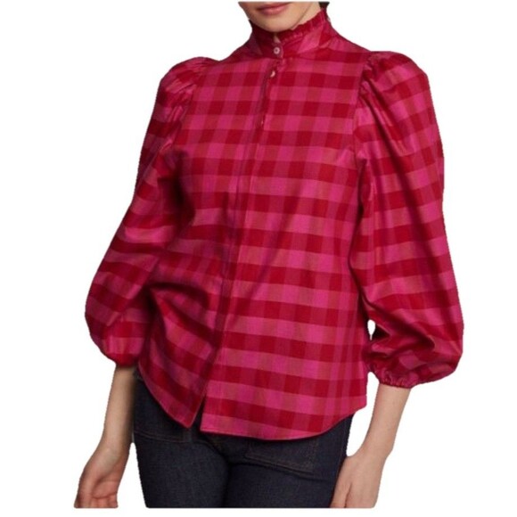 Vilagallo Top Womens 40 Red Pink Plaid Button Up Summer Preppy Beach Casual - Picture 1 of 9